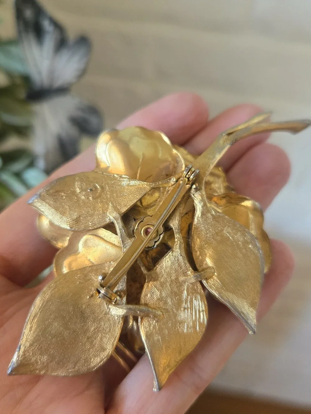 Vtg Peony Rhinestone Flower Brooch, Mid-Century, Bohemian